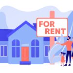 Family moving to countryside area. Realtor shows townhouse. House for rent, booking hose online, best rental property, real estate services concept. Pinkish coral bluevector isolated illustration